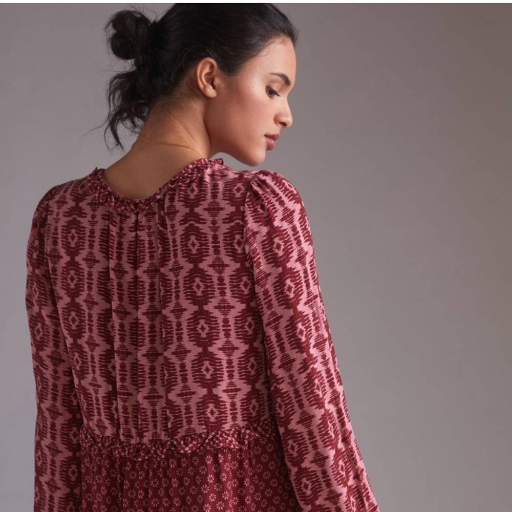 Anthropologie Dress Long Sleeve Tiered Skirt V-Neck Mini Knee Length Loose Fit L - Picture 8 of 15